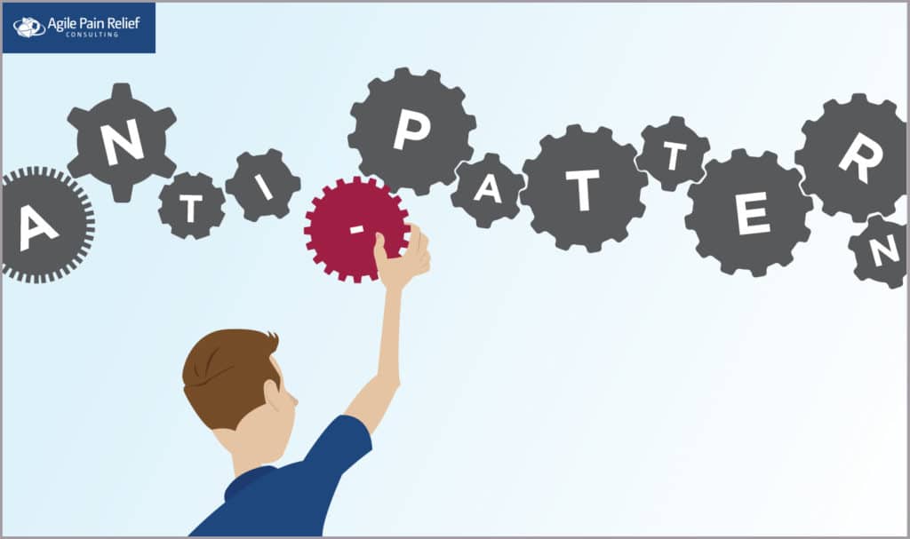Banner image of a set of gears forming the word 'anti-pattern' with a person lifting a gear containing the hyphen