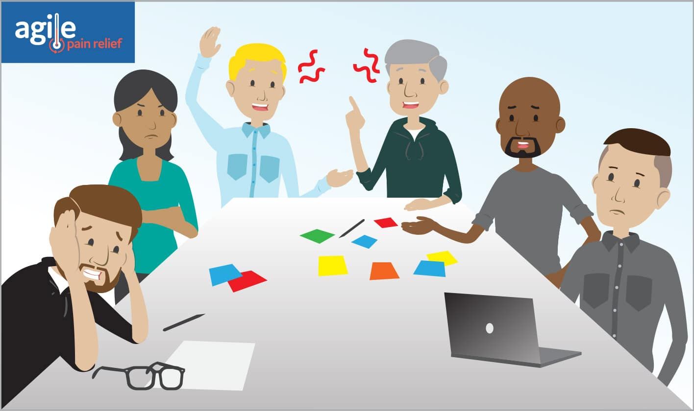 A Scrum team in a sprint retrospective with sticky notes on the table, some team members looking frustrated or disengaged