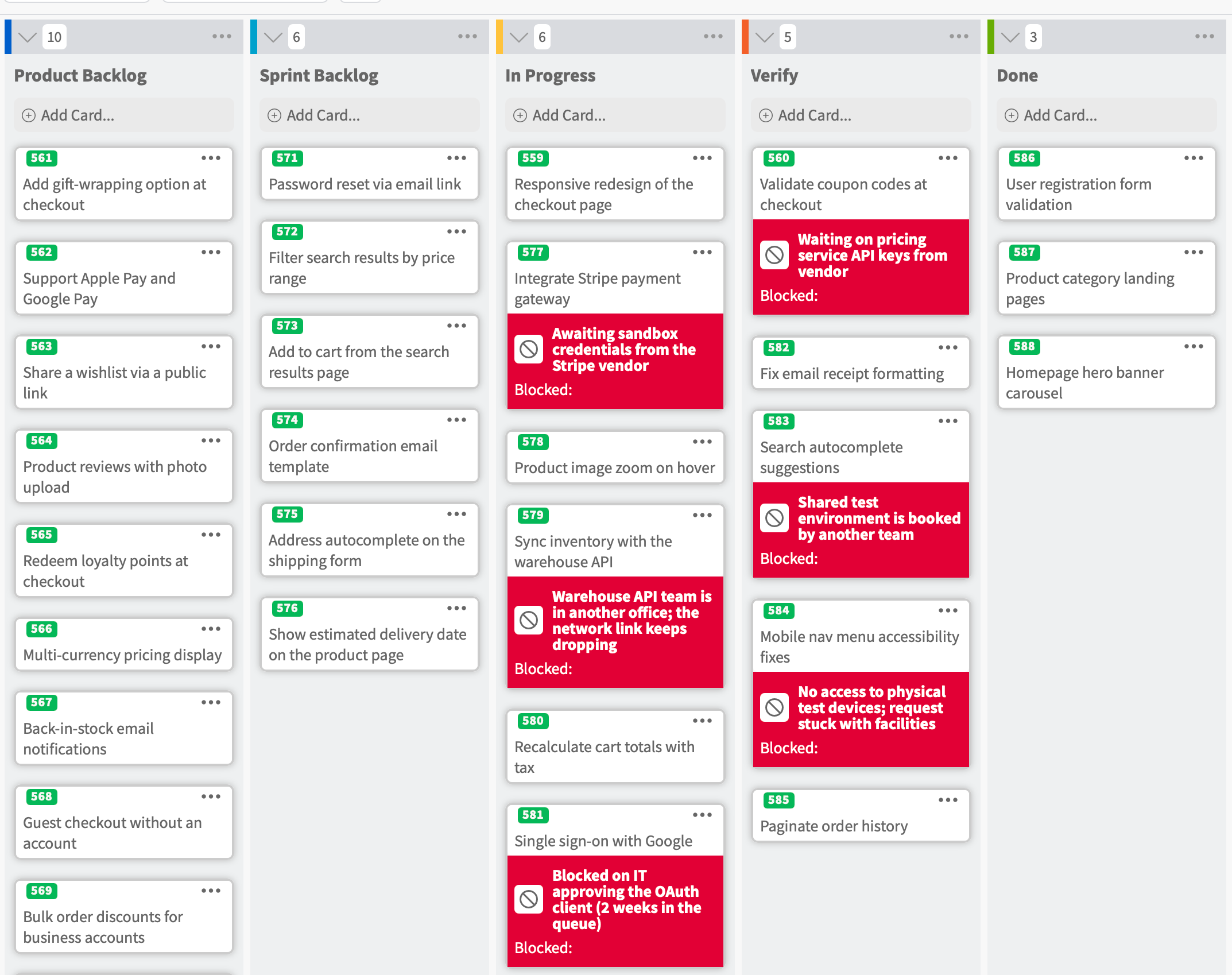 Kanban board with columns Product Backlog, Sprint Backlog, In Progress, Verify and Done. Six cards carry a red Blocked banner naming the reason: awaiting sandbox credentials from a vendor, a dropping network link to another office, IT approval two weeks in the queue, waiting on vendor API keys, a shared test environment booked by another team, and no access to physical test devices.