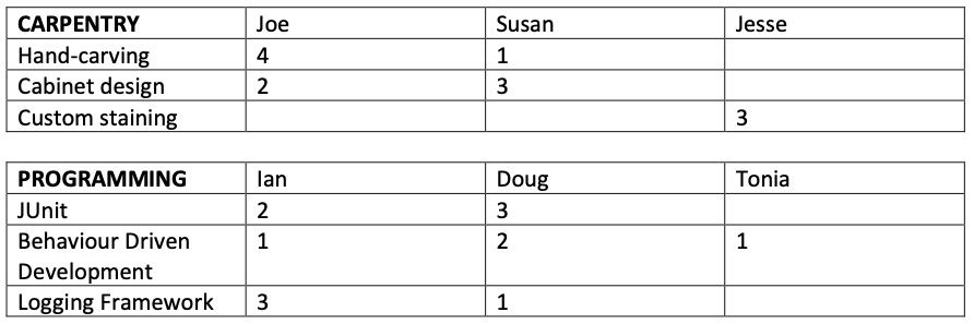 A sample skills matrix showing both non-technical and technical cases