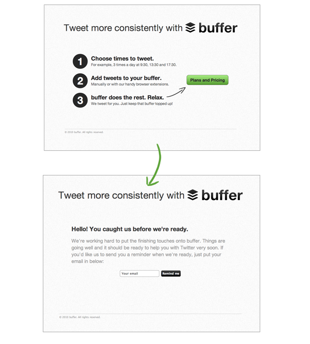 Fake Door MVP landing from Buffer.com