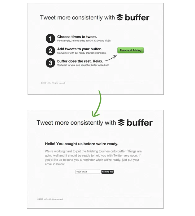 Fake Door MVP landing from Buffer.com