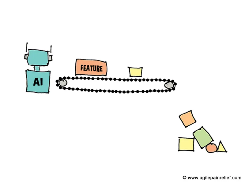 An AI feeds features onto a conveyor belt faster than they can land, so the work piles up and topples off the end
