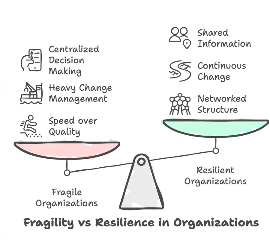 Characteristics that weigh Fragile Organizations down compared to the benefits seen in Resilient Organizations