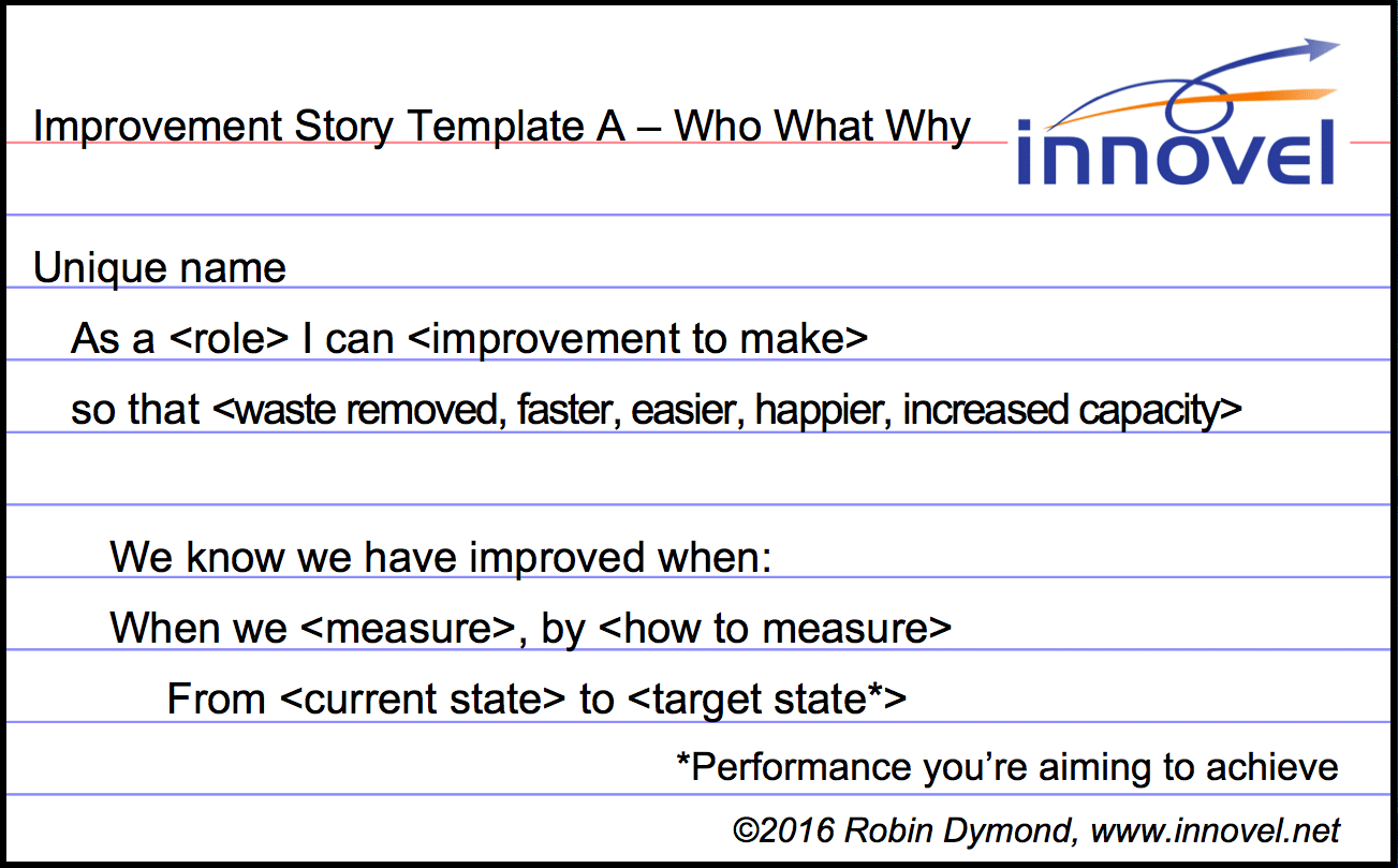 Sample Improvement Story Template - by Robin Dymond