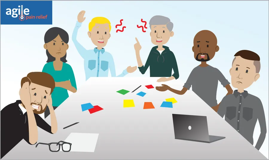 A Scrum team in a sprint retrospective with sticky notes on the table, some team members looking frustrated or disengaged