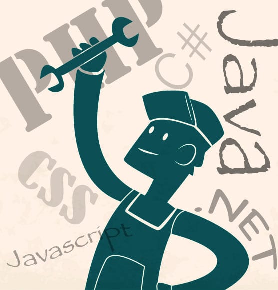 icon of a person in overalls with a wrench, with various acronyms of well-known scripting and programming languages in the background