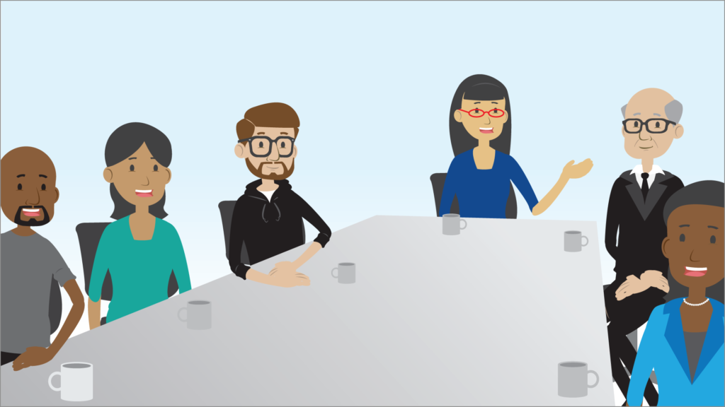 Illustration of Scrum team meeting with shareholders, with the Product Owner moderating discussion.