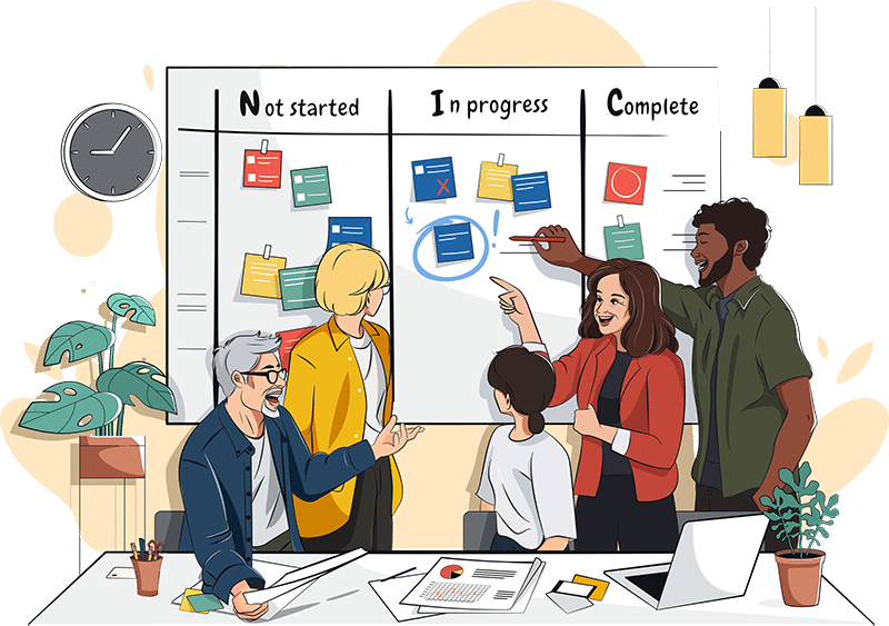 Agile Scrum team in front of a Scrum wall - image by Agile Pain Relief Consulting